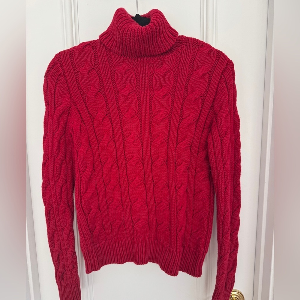 RALPH LAUREN Women's Cable Knit Turtleneck Sweater Pullover Sz M 100% Cotton Red - Picture 2 of 7